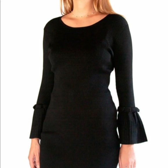 NINA LEONARD | Ribbed Knit Bell Sleeve Sweater Above- Knee Round Neckline Dress - Picture 7 of 16
